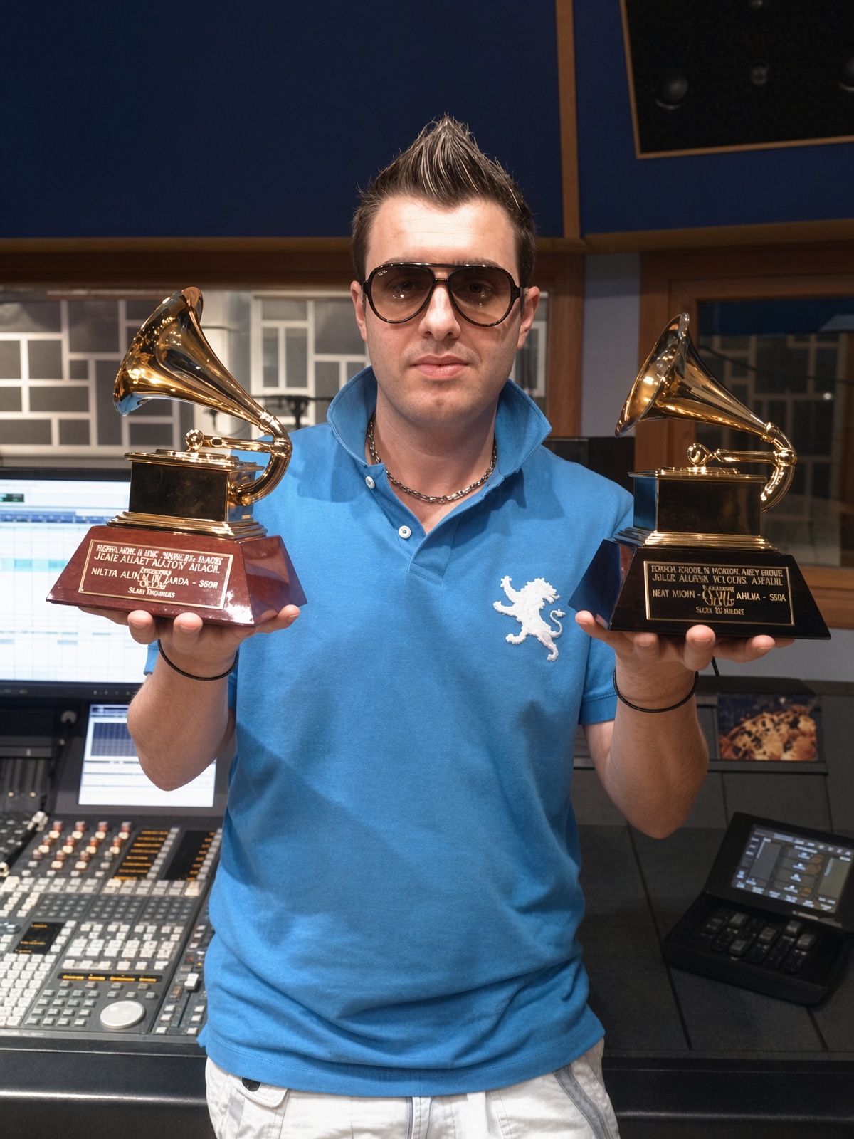 Juan Mario Aracil holding two awards in the recording studio
